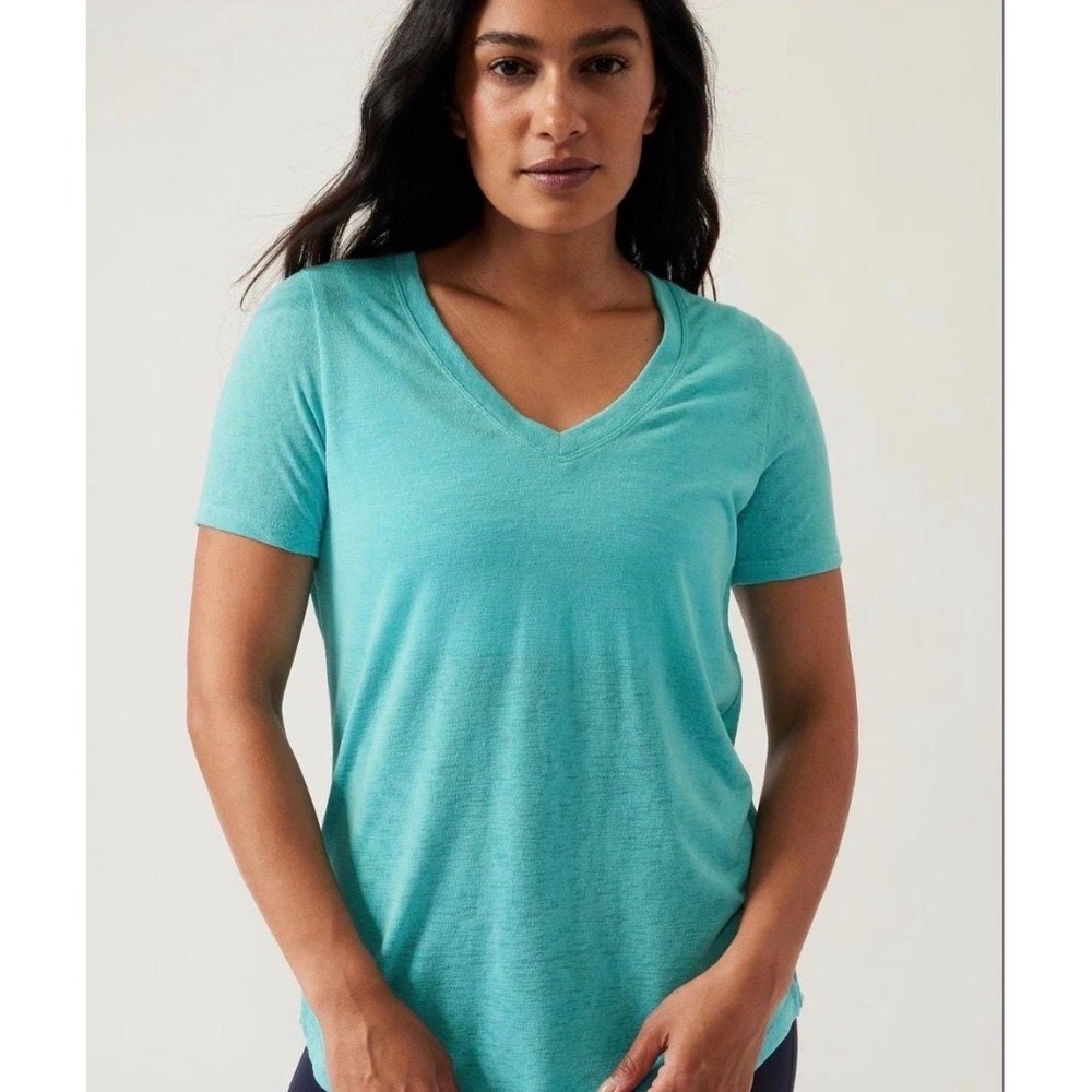 Athleta Breezy Scoop V Tee Teal Turquoise Heather V-Neck Slub T-Shirt Size M